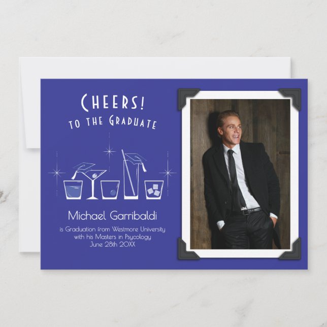 Cap and Cocktail Graduation Announcement Blue (Front)