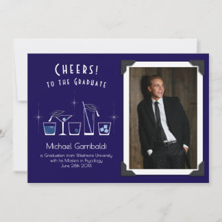 Cap and Cocktail Graduation Announcement Navy Blue