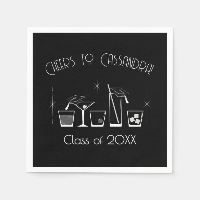 Cap and Cocktail Graduation Party Black Napkin (Front)