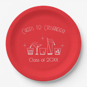 Cap and Cocktail Graduation Party Red Paper Plate