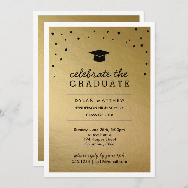 Cap and Confetti Gold Graduation Invitation (Front/Back)