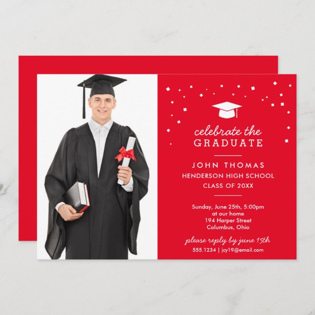 Cap and Confetti with Photo, Red Graduation Invitation (Front/Back)
