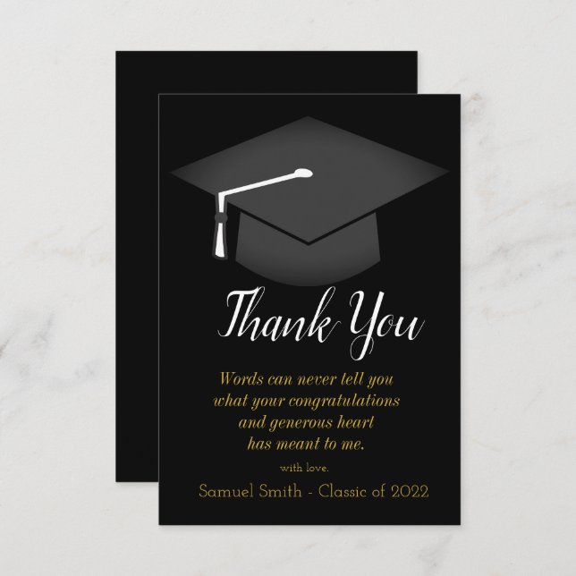 Cap and Tassel Graduation Black & Gold  Thank You Card (Front/Back)