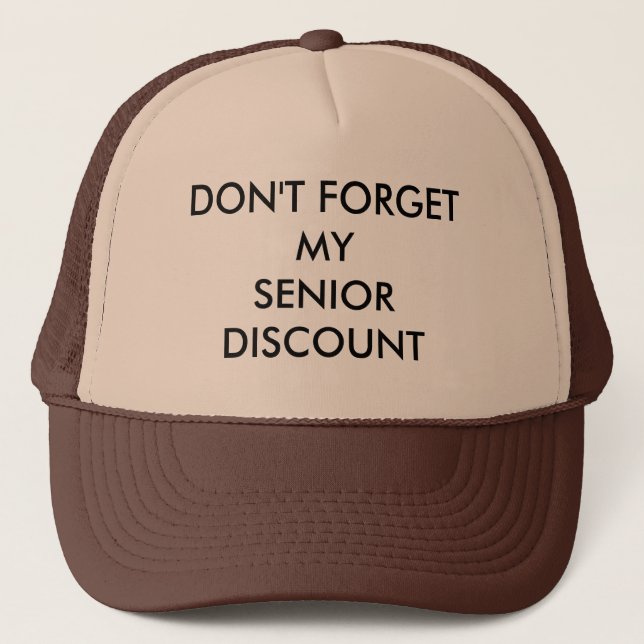 CAP, BROWN, SENIOR DISCOUNT TRUCKER HAT (Front)