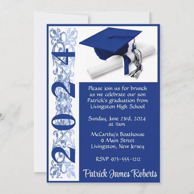 Cap & Diploma 5x7 Blue Background Graduation Invitation (Front)