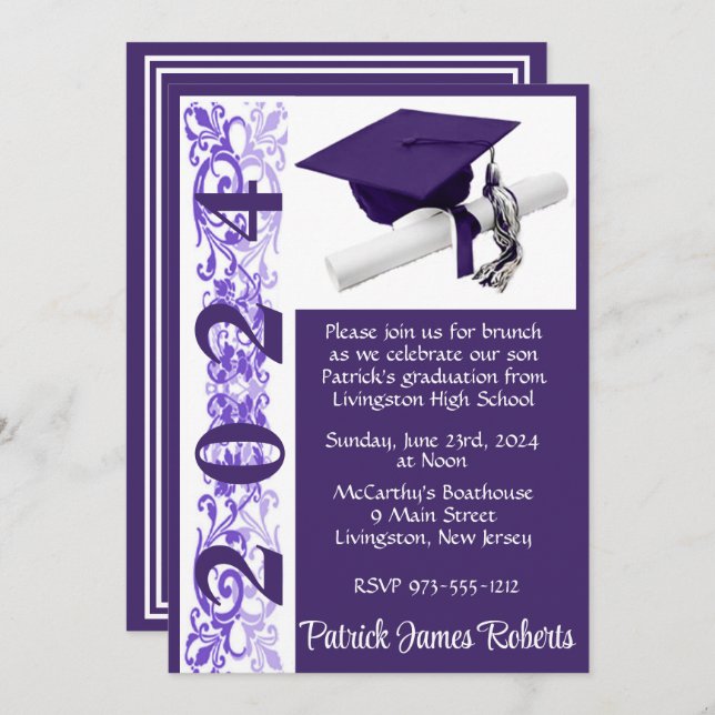 Cap & Diploma 5x7 Purple & White Graduation Invitation (Front/Back)