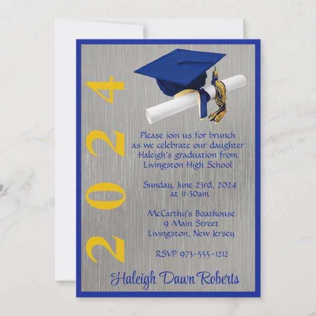 Cap & Diploma 5x7 Royal Blue and Gold Graduation Invitation (Front)