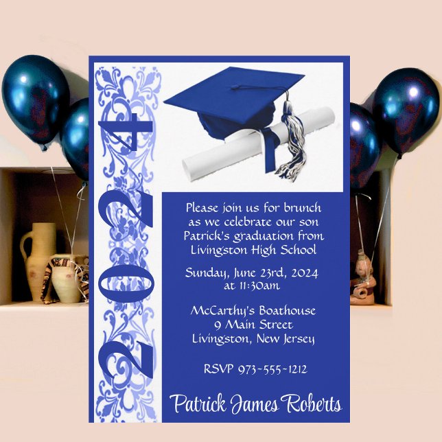 Cap & Diploma 5x7 Royal Blue & White Graduation Invitation (Creator Uploaded)