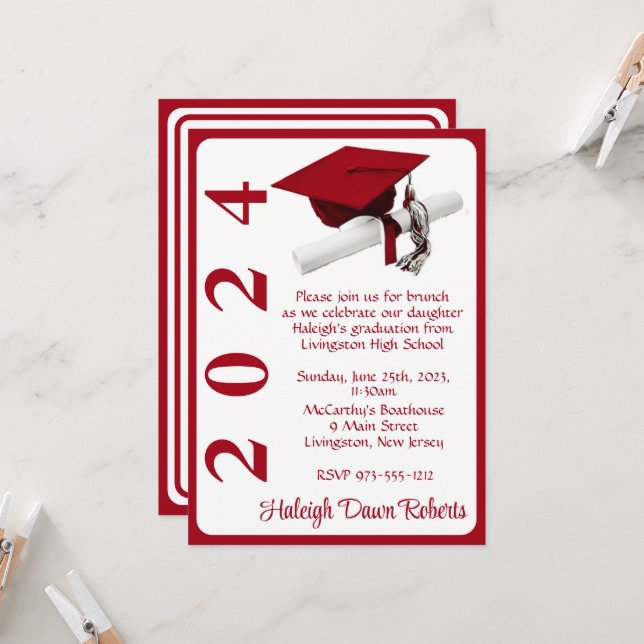Cap & Diploma 5x7 Scarlet Red Graduation Invitation (Front/Back In Situ)