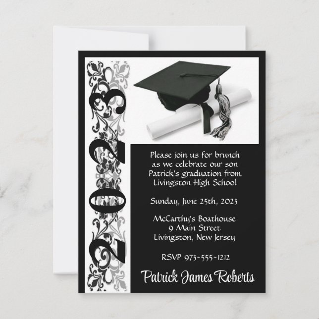 Cap & Diploma, Black Background Graduation Invitation (Front)