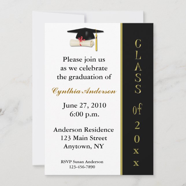 Cap Diploma Black Gold Graduation Invitation (Front)