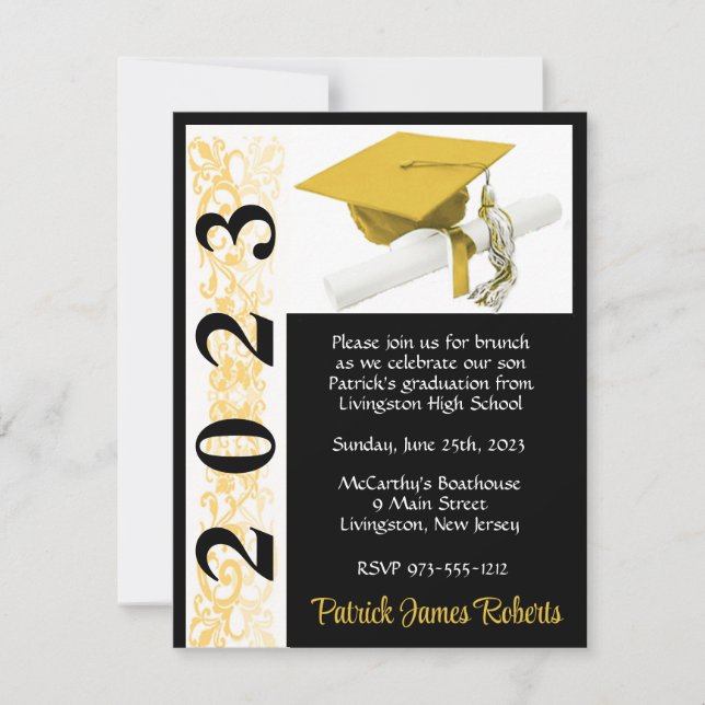 Cap & Diploma, Black & Gold Graduation Invitation (Front)
