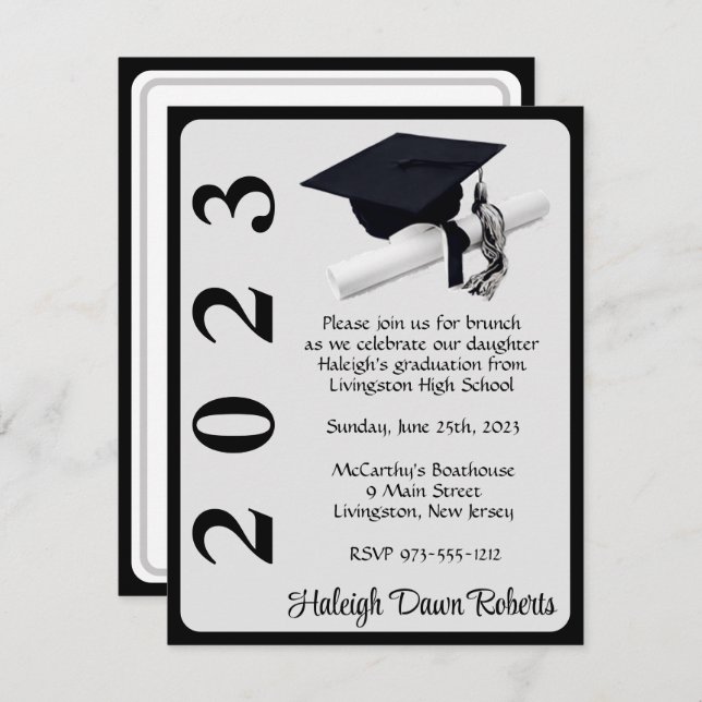 Cap & Diploma, Black & Silver Graduation Invitation (Front/Back)