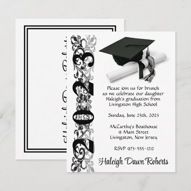 Cap & Diploma, Black & Silver Graduation Invitation (Front/Back)