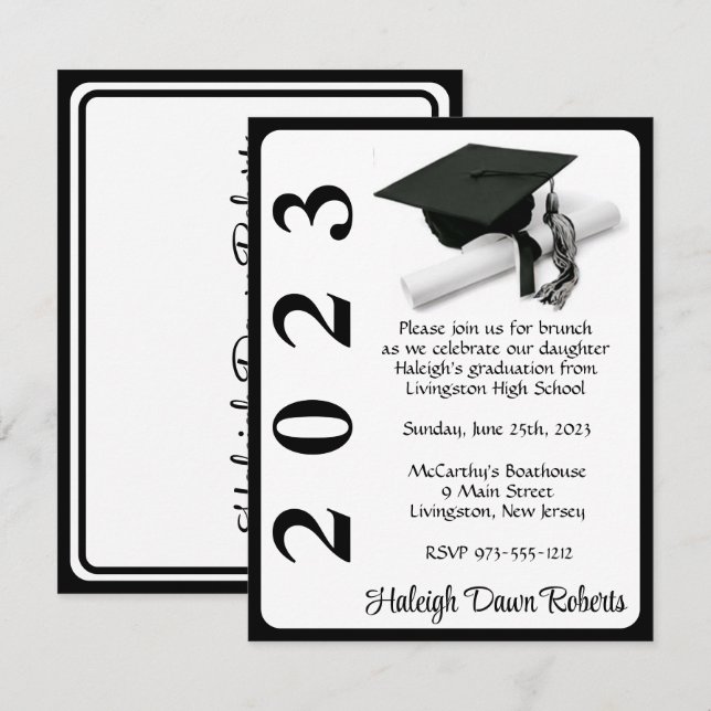 Cap & Diploma, Black & White Graduation Invitation (Front/Back)