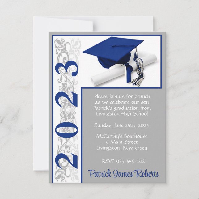 Cap & Diploma, Blue & Grey Graduation Invitation (Front)