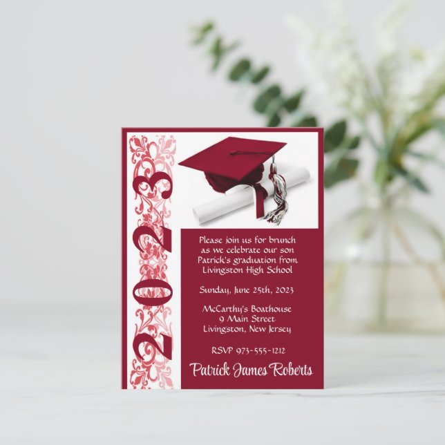 Cap & Diploma, Cardinal Red Background Graduation Invitation (Standing Front)