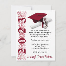 Cap & Diploma, Cardinal Red Graduation Invitation