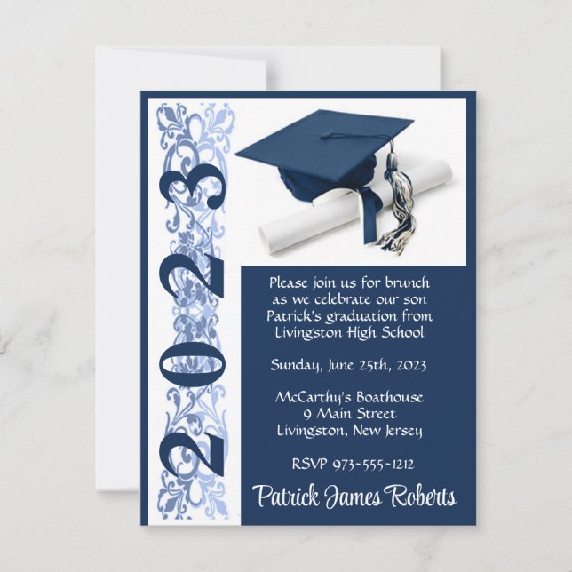 Cap & Diploma, Dark Blue Background Graduation Invitation (Front)