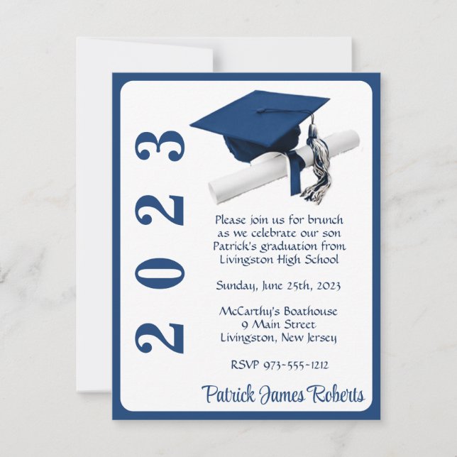 Cap & Diploma, Dark Blue Graduation Invitation (Front)