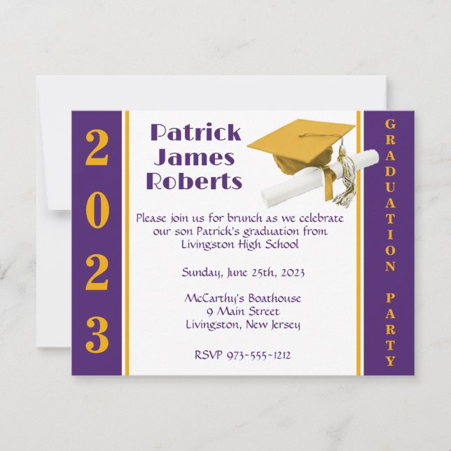 Cap & Diploma, Gold & Purple Graduation Invitation (Front)