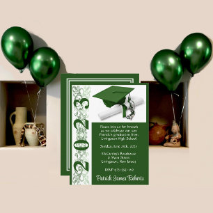 Cap & Diploma, Green Background Graduation Invitation
