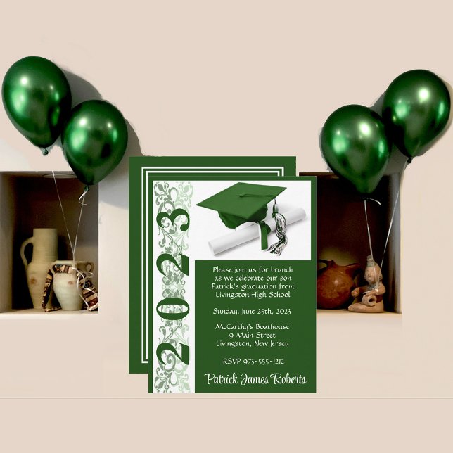 Cap & Diploma, Green Background Graduation Invitation (Creator Uploaded)