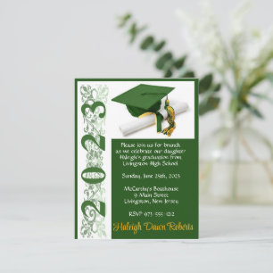 Cap & Diploma, Green & Gold Graduation Invitation