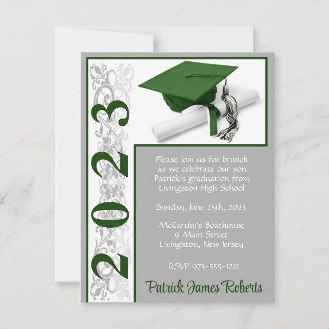 Cap & Diploma, Green & Grey Graduation Invitation (Front)