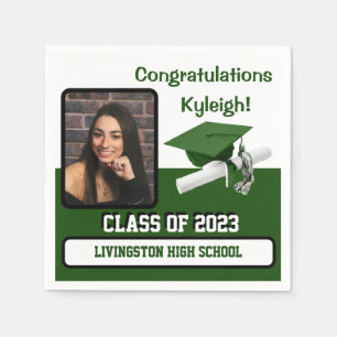 Cap & Diploma, Green & White Graduation Napkin