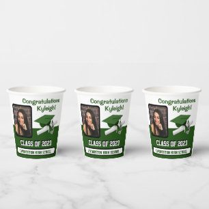 Cap & Diploma, Green & White Graduation Paper Cups