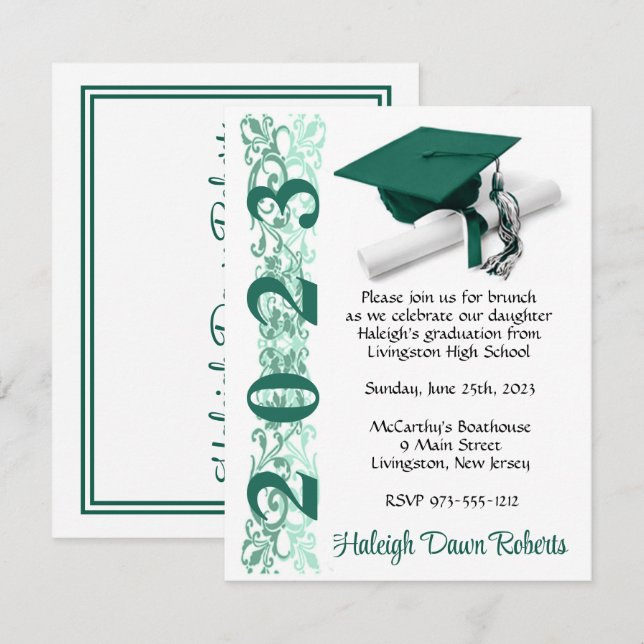 Cap & Diploma, Hunter Green & White Graduation Invitation (Front/Back)