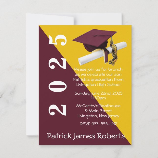 Cap & Diploma, Maroon & Gold Graduation Invitation (Front)
