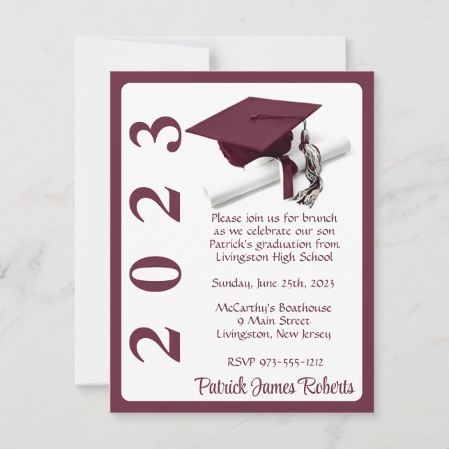 Cap & Diploma, Maroon & White Graduation Invitation (Front)