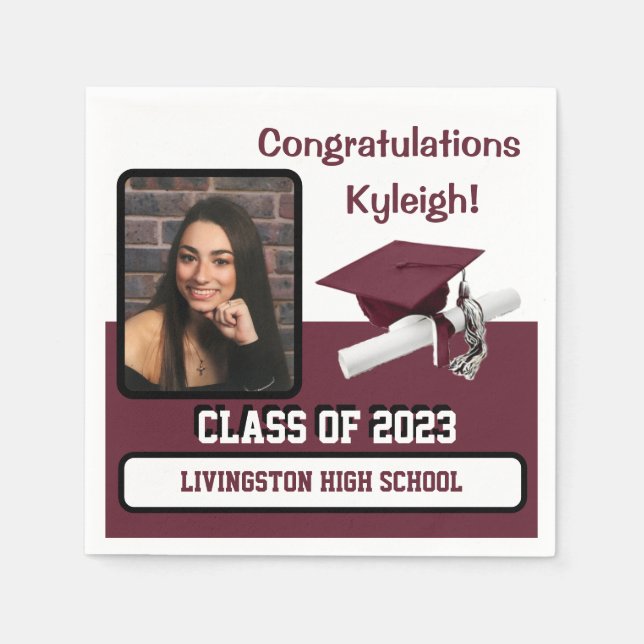 Cap & Diploma, Maroon & White Graduation Napkin (Front)