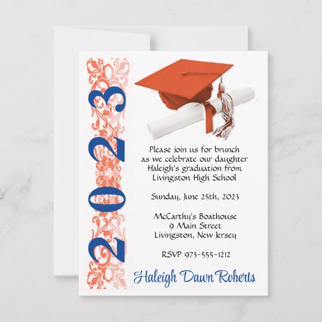 Cap & Diploma, Orange & Blue Graduation Invitation (Front)