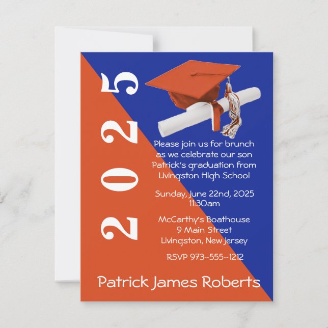 Cap & Diploma, Orange & Royal Blue Graduation Invitation (Front)