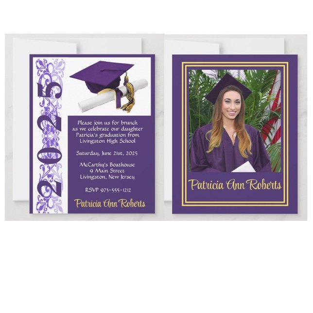 Cap & Diploma Photo, Purple & Gold Graduation Invitation (Graduation invitations with photos and a cap and diploma design!)