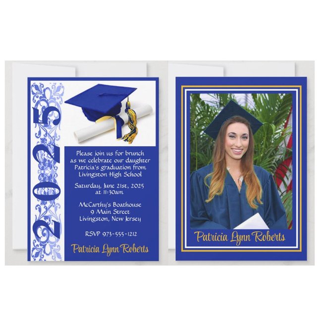 Cap & Diploma Photo Royal Blue & Gold Graduation Invitation (Graduation invitations with photos and a cap and diploma design!)