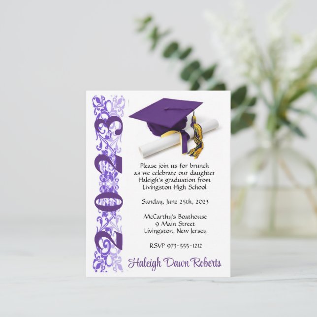 Cap & Diploma, Purple & Gold Graduation Invitation (Standing Front)
