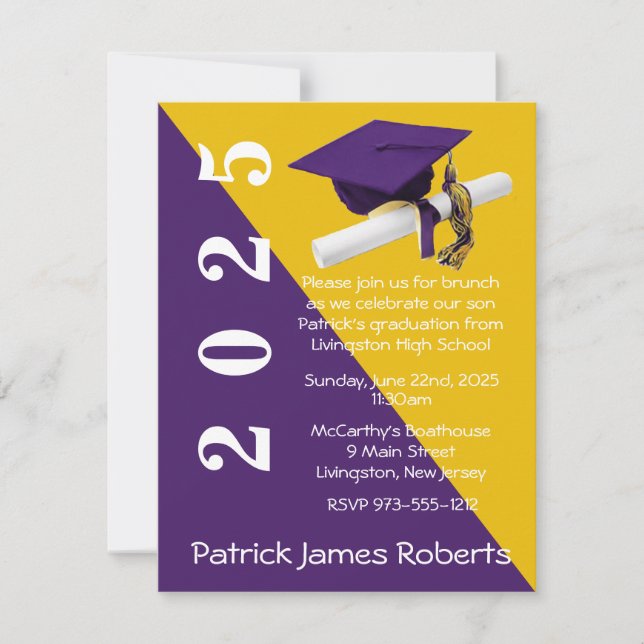 Cap & Diploma, Purple & Gold Graduation Invitation (Front)