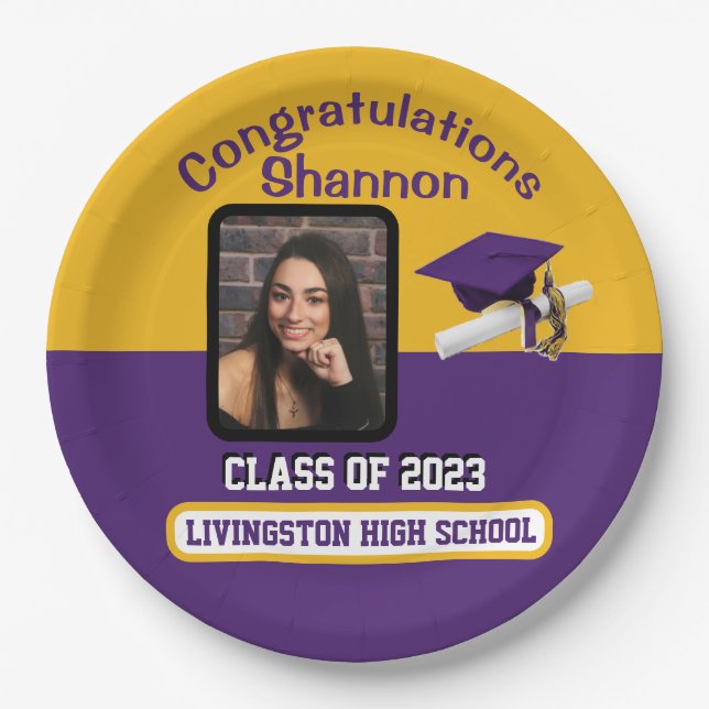 Cap & Diploma, Purple & Gold Graduation Paper Plate (Front)