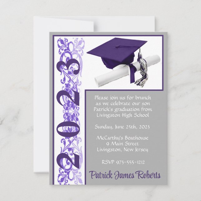 Cap & Diploma, Purple, Grey, White Graduation Invitation (Front)