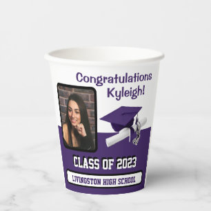 Cap & Diploma, Purple & White Graduation Paper Cups