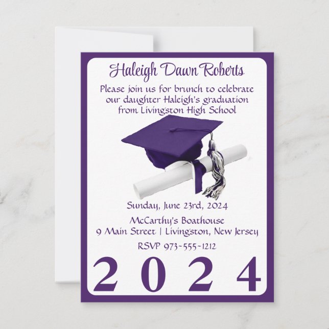 Cap & Diploma Purple & White Graduation Party Invitation (Front)