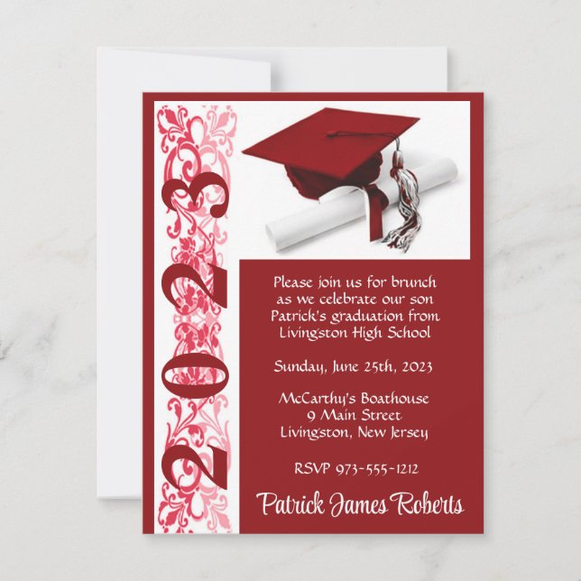 Cap & Diploma, Red Background Graduation Invitation (Front)