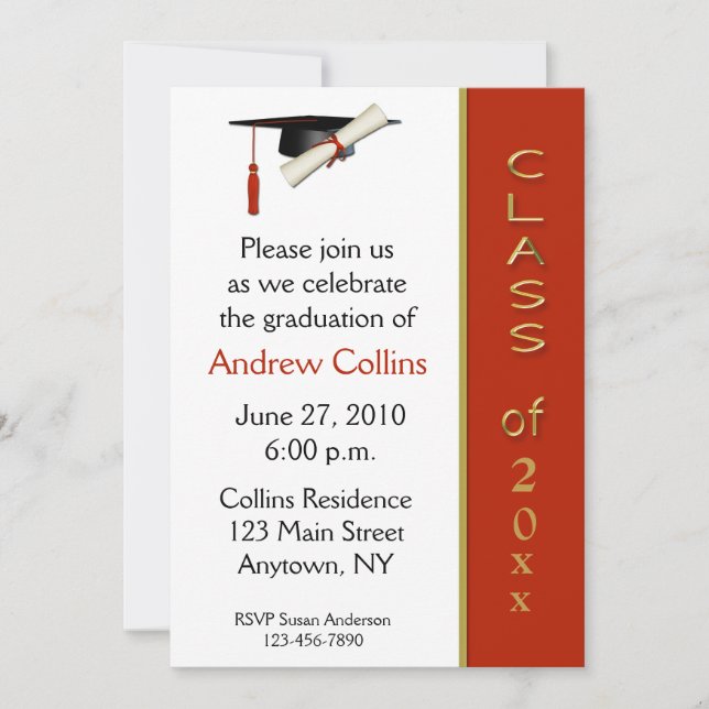 Cap Diploma Red Gold Graduation Invitation (Front)