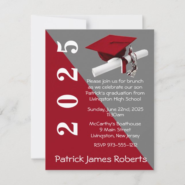 Cap & Diploma, Red & Grey Graduation Invitation (Front)