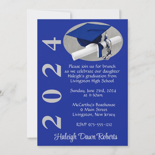 Cap & Diploma Royal Blue Brushed Silver Graduation Invitation (Front)