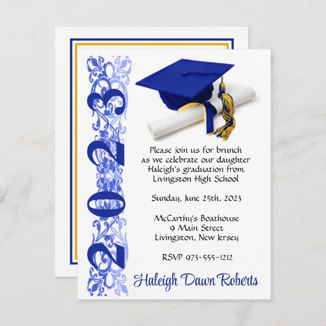 Cap & Diploma, Royal Blue & Gold Graduation Invitation (Front/Back)